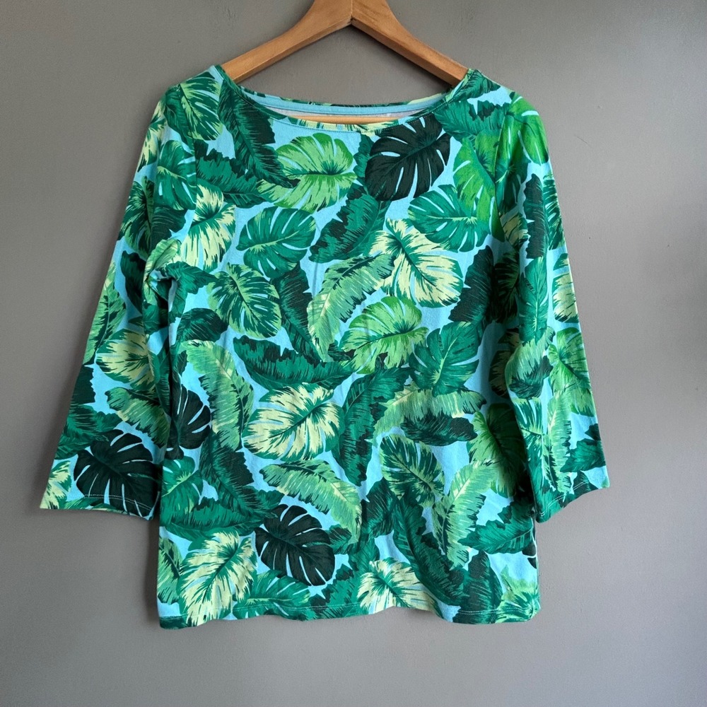 Talbots Tee Womens Medium Green Tropical Palm Leaf Print 3/4 Sleeve Top